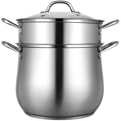 2-Tier Steamer Pot Saucepot Stainless Steel with Tempered Glass Lid