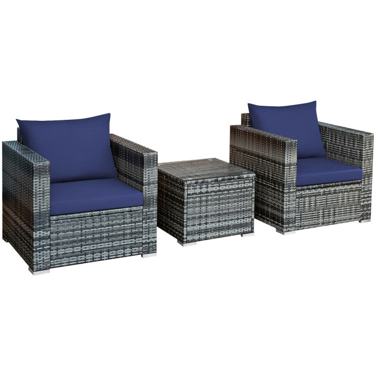 3-Piece Patio Rattan Furniture Bistro Sofa Set with Cushioned