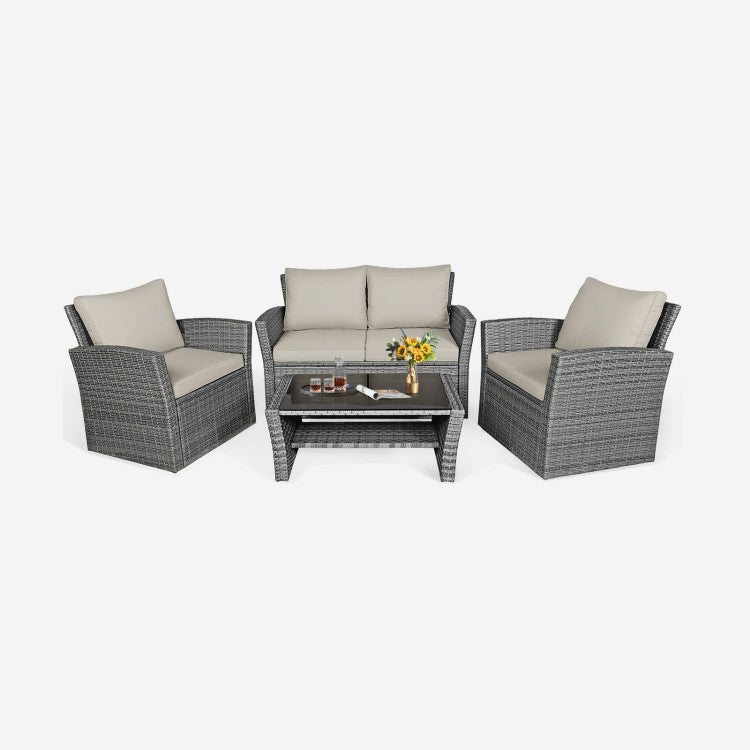 4-Piece Patio Rattan Furniture Set Sofa Table with Storage Shelf Cushion