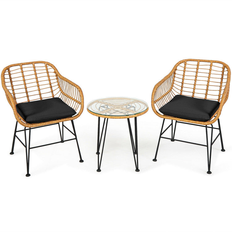 3-Piece Rattan Furniture Set with Cushioned Chair Table