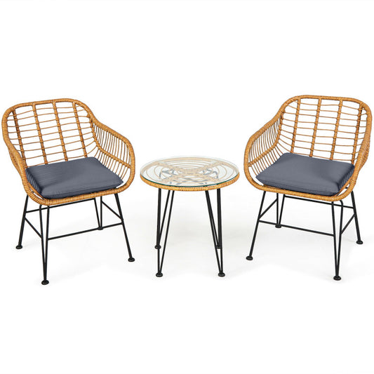 3-Piece Rattan Furniture Set with Cushioned Chair Table