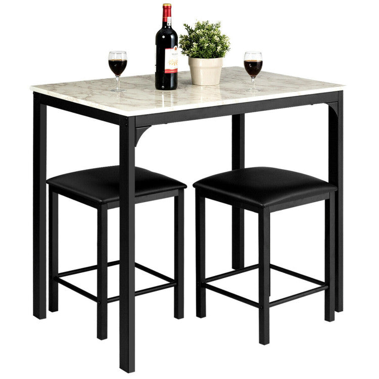 3 Pieces Dining Table Set with Faux Marble Tabletop and 2 Chairs Ideal for Small Space