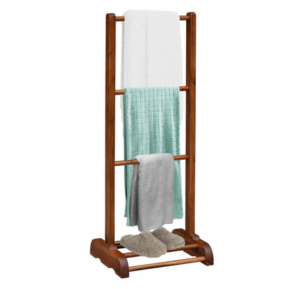3-Bar Acacia Wood Freestanding Bathroom Towel Rack with Bottom Storage Shelf