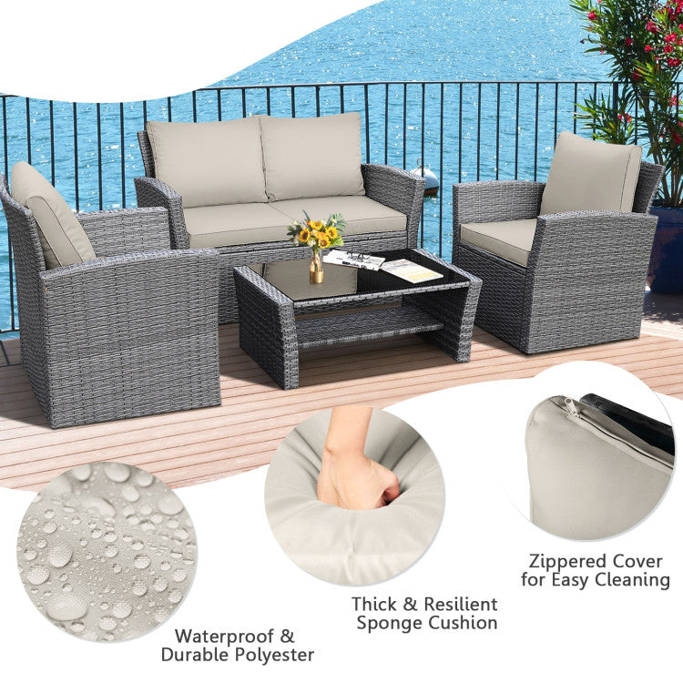 4-Piece Patio Rattan Furniture Set Sofa Table with Storage Shelf Cushion