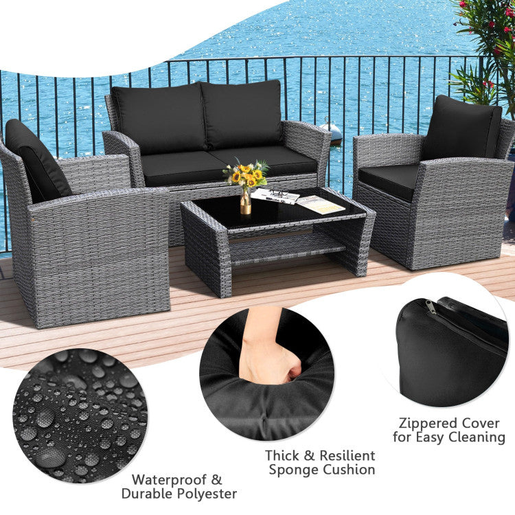 4-Piece Patio Rattan Furniture Set Sofa Table with Storage Shelf Cushion