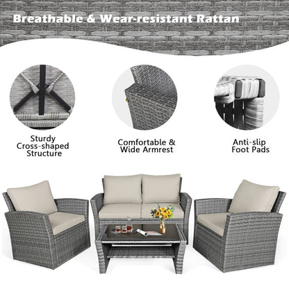 4-Piece Patio Rattan Furniture Set Sofa Table with Storage Shelf Cushion