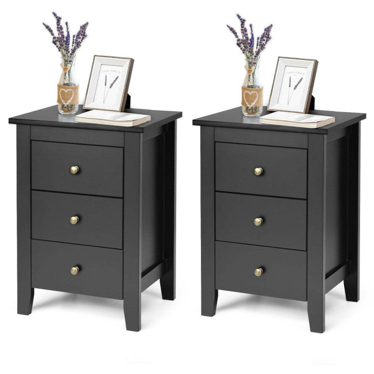 2 Pieces Nightstand End Beside Table with 3 Drawers