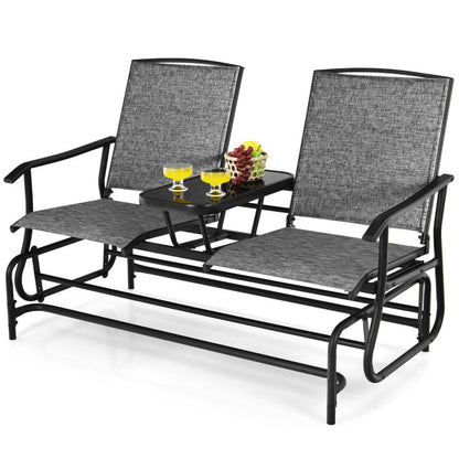 2-Person Double Rocking Loveseat with Mesh Fabric and Center Tempered Glass Table