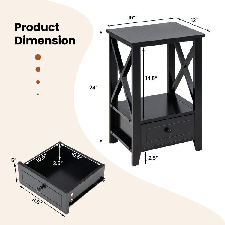 2-Tier 16 x 14 Inch Multifunctional Nightstand with Storage Drawer