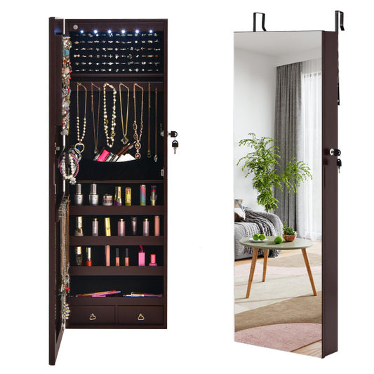 Wall Mounted Full Screen Mirror Jewelry Cabinet Armoire with 6 LEDs