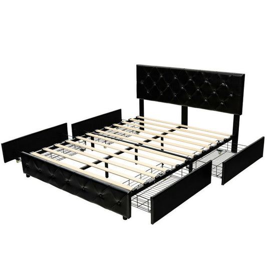 Full Leather Upholstered Platform Bed with 4 Drawers