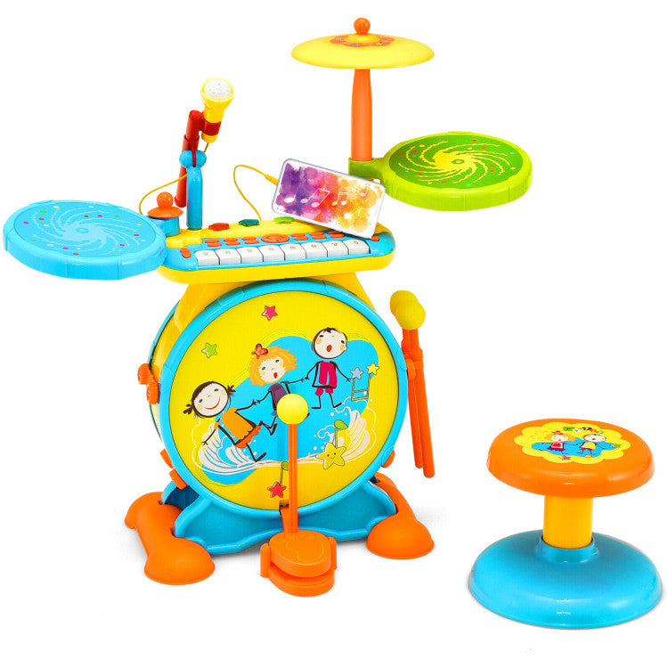 Costway 2-in-1 Kids Electronic Drum and Keyboard Set with Stool