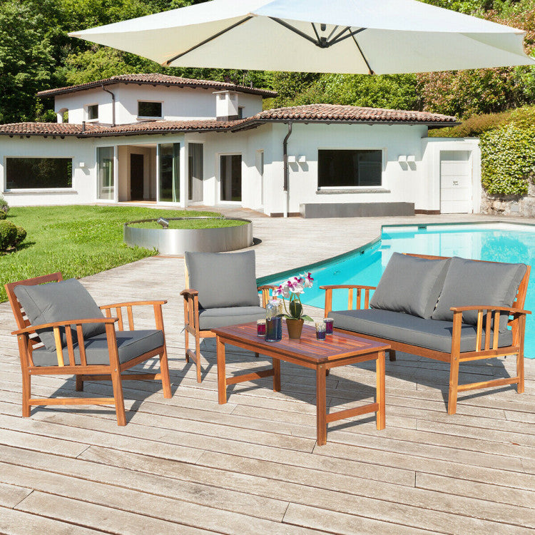 4-Piece Wooden Patio Sofa Chair Set with Cushion