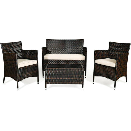 4 Pieces Comfortable Outdoor Rattan Sofa Set with Glass Coffee Table