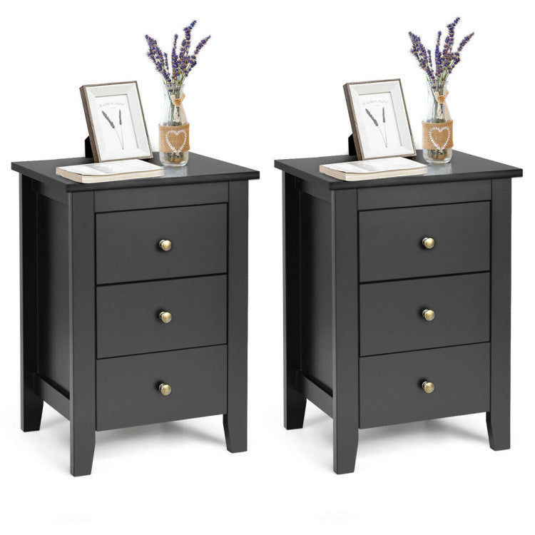 2 Pieces Nightstand End Beside Table with 3 Drawers