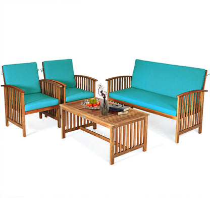 4-Piece Patio Solid Wood Furniture Set with Water Resistant Cushions