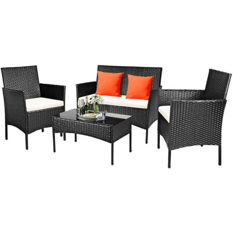 4-Piece Patio Rattan Cushioned Sofa Set with Tempered Glass Coffee Table