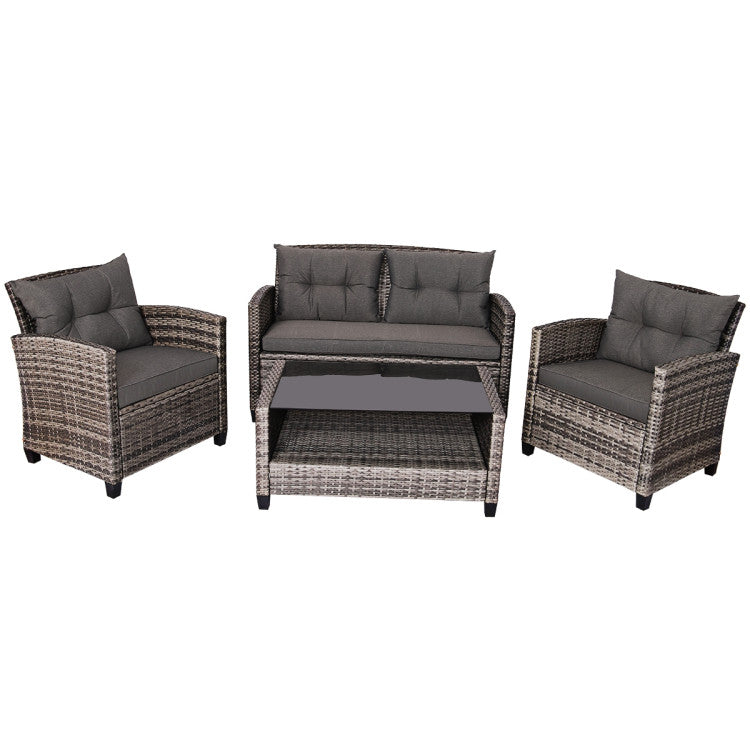 4-Piece Patio Rattan Furniture Set Coffee Table Cushioned Sofa