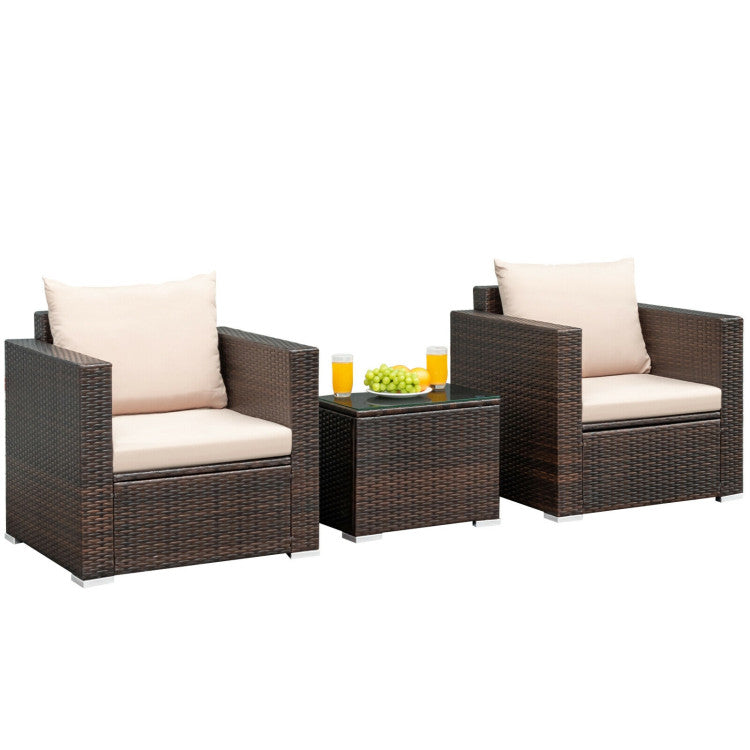 3-Piece Patio Conversation Rattan Furniture Set with Cushion