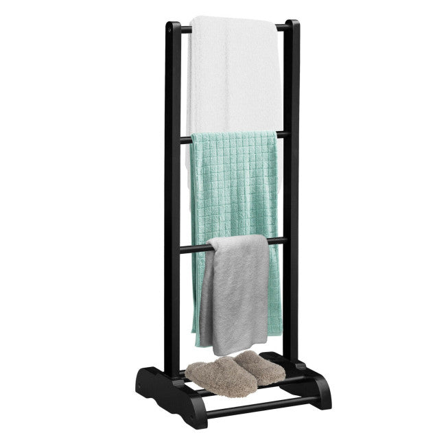 3-Bar Acacia Wood Freestanding Bathroom Towel Rack with Bottom Storage Shelf