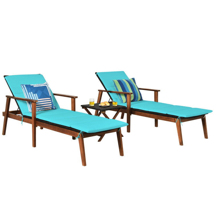 3-Piece Portable Patio Cushioned Rattan Lounge Chair Set with Folding Table