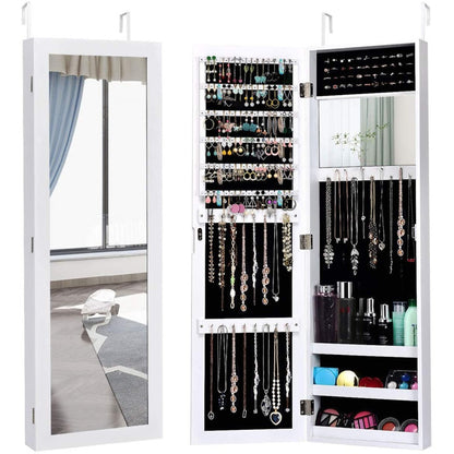 Full Length Mirror Jewelry Cabinet with Ring Slots and Necklace Hooks