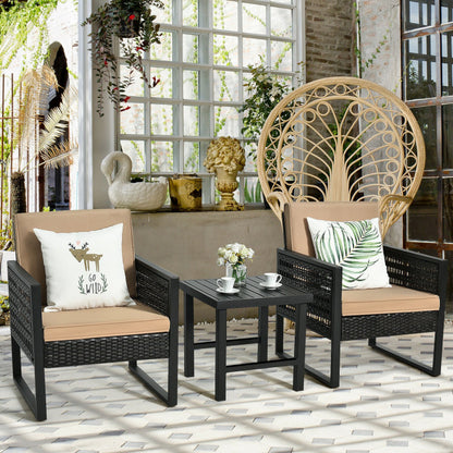 3-Piece Patio Rattan Bistro Cushioned Furniture Set