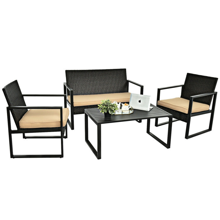 4-Piece Patio Rattan Furniture Set with Seat Cushions and Coffee Table