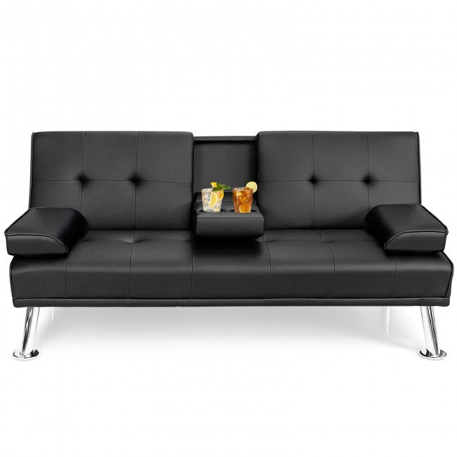 Convertible Folding Leather Futon Sofa with Cup Holders and Armrests