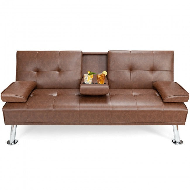 Convertible Folding Leather Futon Sofa with Cup Holders and Armrests