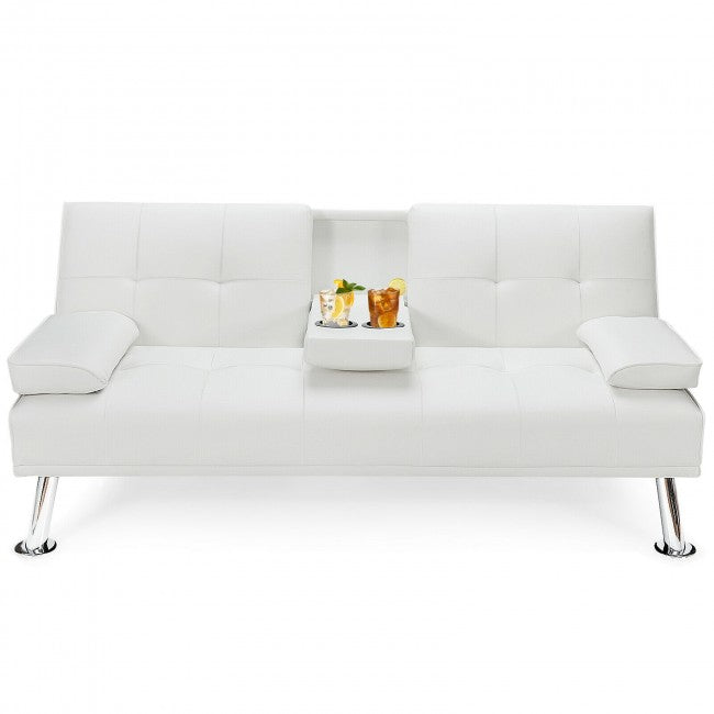 Convertible Folding Leather Futon Sofa with Cup Holders and Armrests