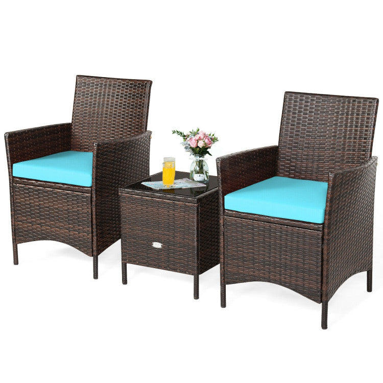 3-Piece Patio Rattan Furniture Set Cushioned Sofa and Glass Tabletop