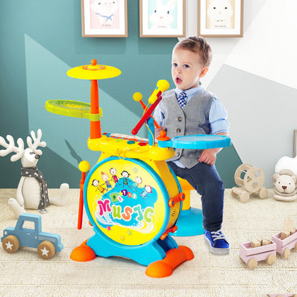 Costway 2-in-1 Kids Electronic Drum and Keyboard Set with Stool