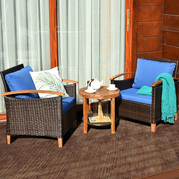 3-Piece Patio Rattan Furniture Set with Washable Cushion and Acacia Wood Tabletop