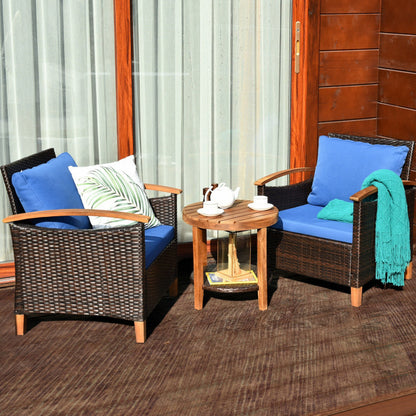 3-Piece Patio Rattan Furniture Set with Washable Cushion and Acacia Wood Tabletop