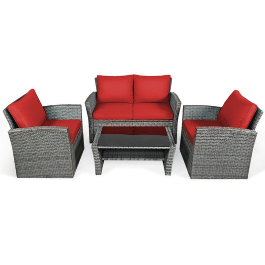 4-Piece Patio Rattan Furniture Set Sofa Table with Storage Shelf Cushion