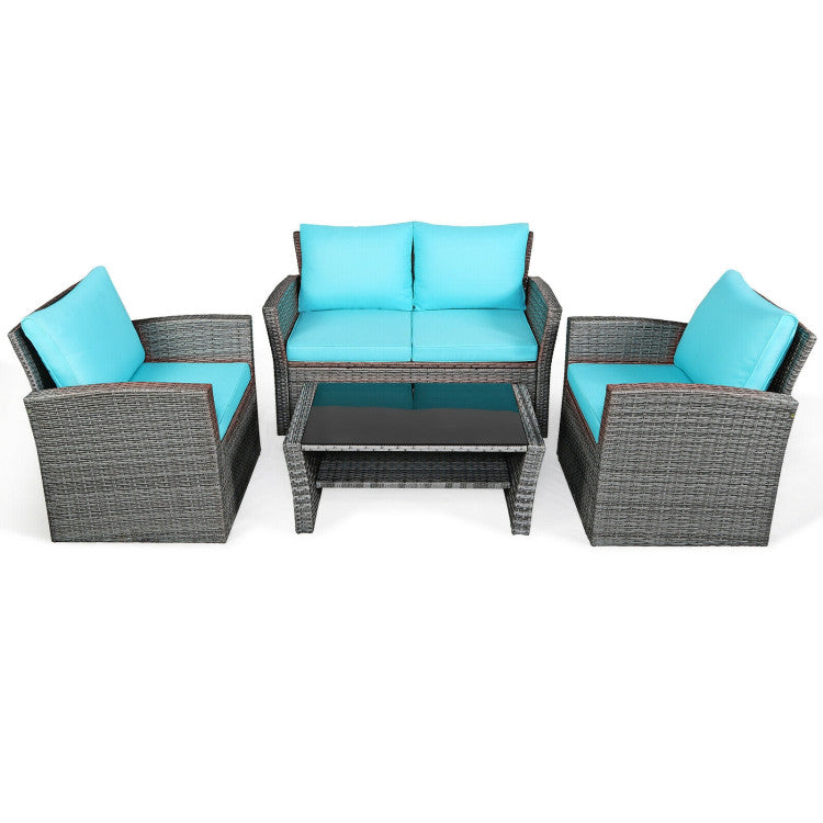 4-Piece Patio Rattan Furniture Set Sofa Table with Storage Shelf Cushion