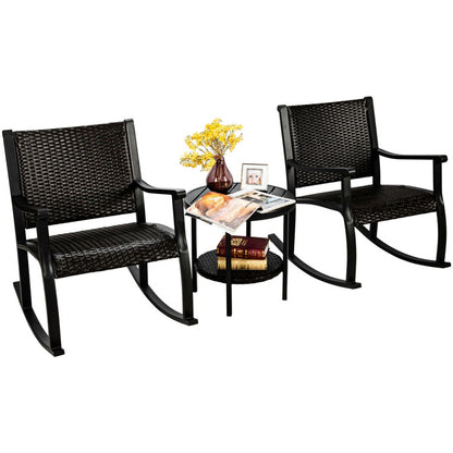 3-Piece Patio Rattan Furniture Set with Coffee Table and Rocking Chairs