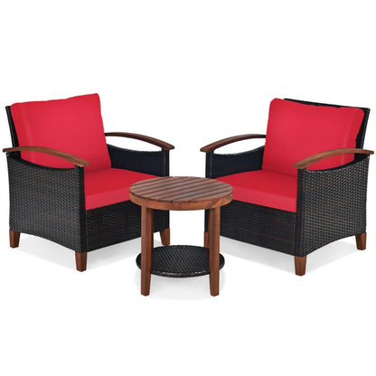 3-Piece Patio Rattan Furniture Set with Washable Cushion and Acacia Wood Tabletop