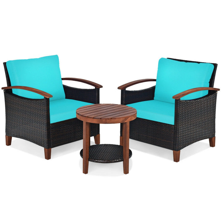 3-Piece Patio Rattan Furniture Set with Washable Cushion and Acacia Wood Tabletop