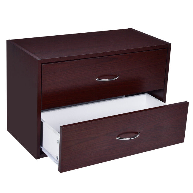 2-Drawer Dresser Horiztonal Organizer End Table Nightstand with Handle Wood