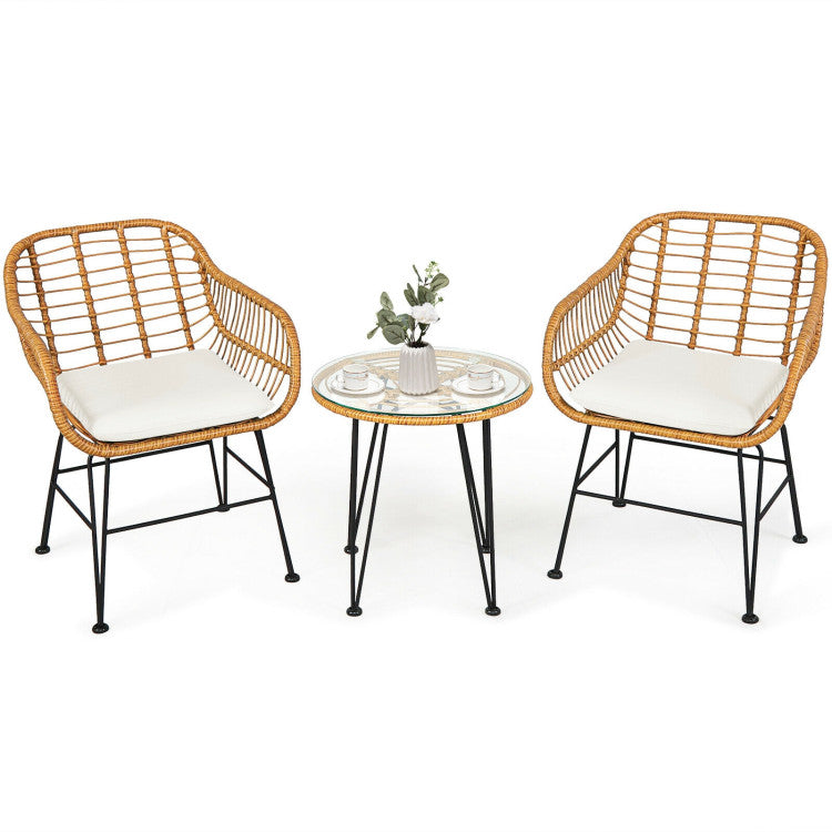 3-Piece Rattan Furniture Set with Cushioned Chair Table