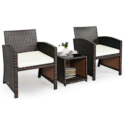 3-Piece PE Rattan Wicker Furniture Set with Cushion Sofa and Coffee Table