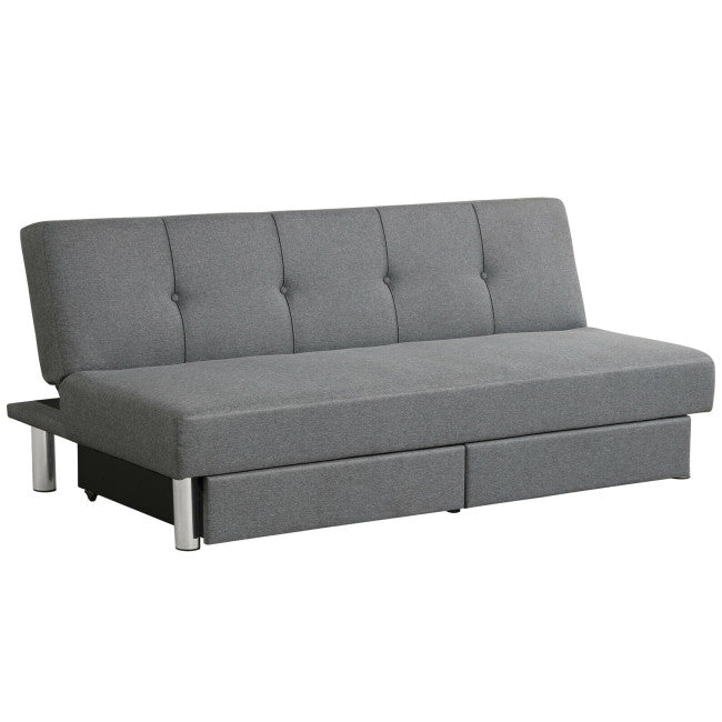 Convertible Futon Sofa Bed Adjustable Couch Sleeper with Two Drawers Grey