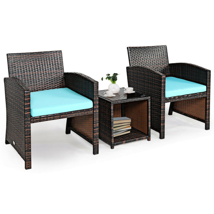 3-Piece PE Rattan Wicker Furniture Set with Cushion Sofa and Coffee Table