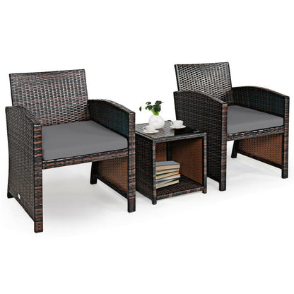 3-Piece PE Rattan Wicker Furniture Set with Cushion Sofa and Coffee Table