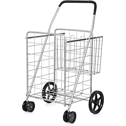 Folding Shopping Cart with Swiveling Wheels and Dual Storage Baskets
