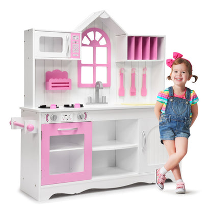 Costway Wood Toy Kitchen Kids Cooking Pretend Play Set