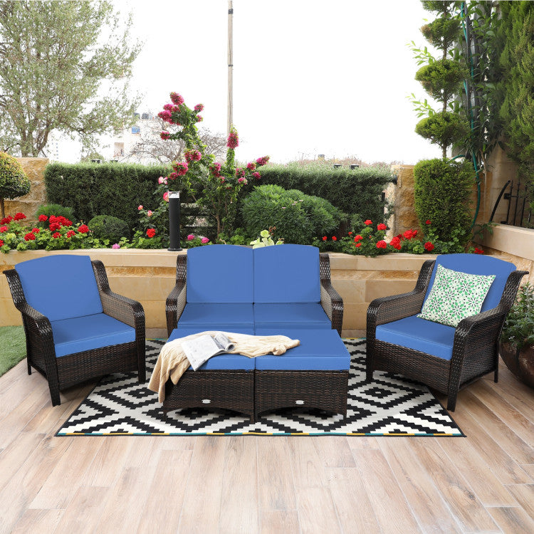 5-Piece Patio Rattan Sofa Set with Cushion and Ottoman