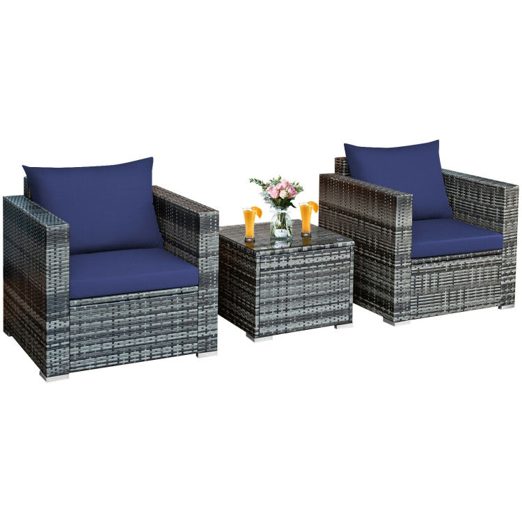 3-Piece Patio Rattan Furniture Bistro Sofa Set with Cushioned